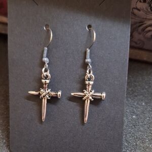 Silver Tone Cross Dagger Drop Earrings